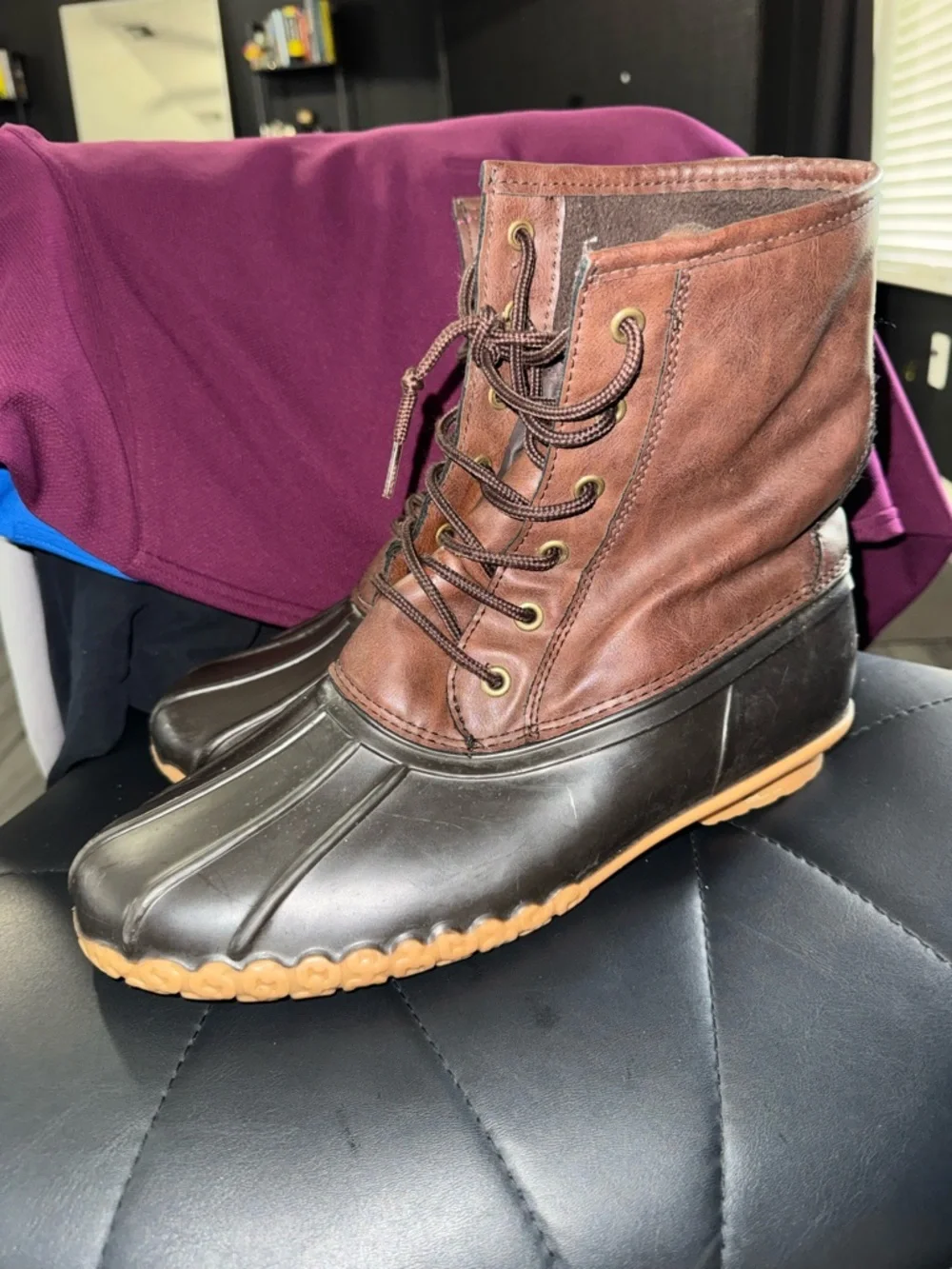 Men's Brown Leather and Black Duck Boots - Lace-Up Weatherproof Style
